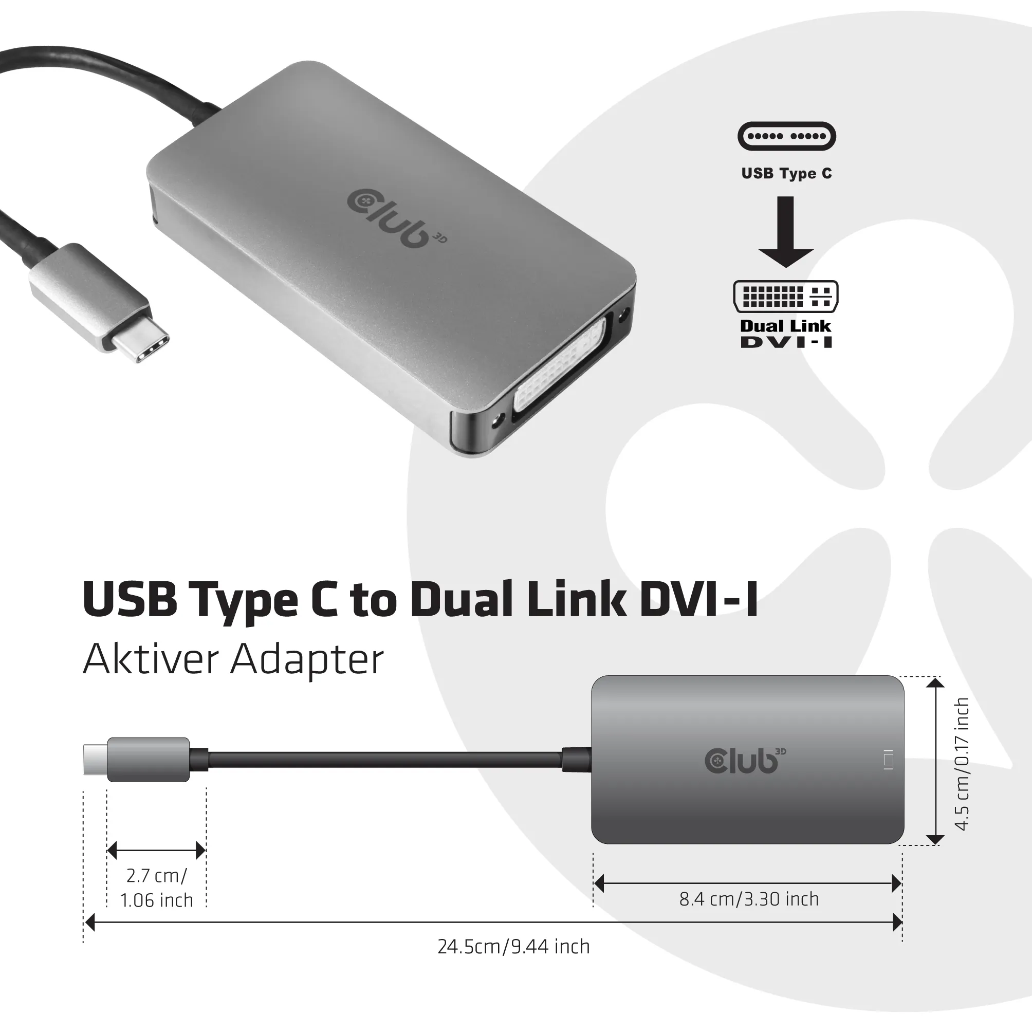 Club 3D 3.2 Gen1 USB-C - Dual Link DVI-D - adapter, Grå Club 3D 3.2 Gen1 USB-C - Dual Link DVI-D - adapter, Grå