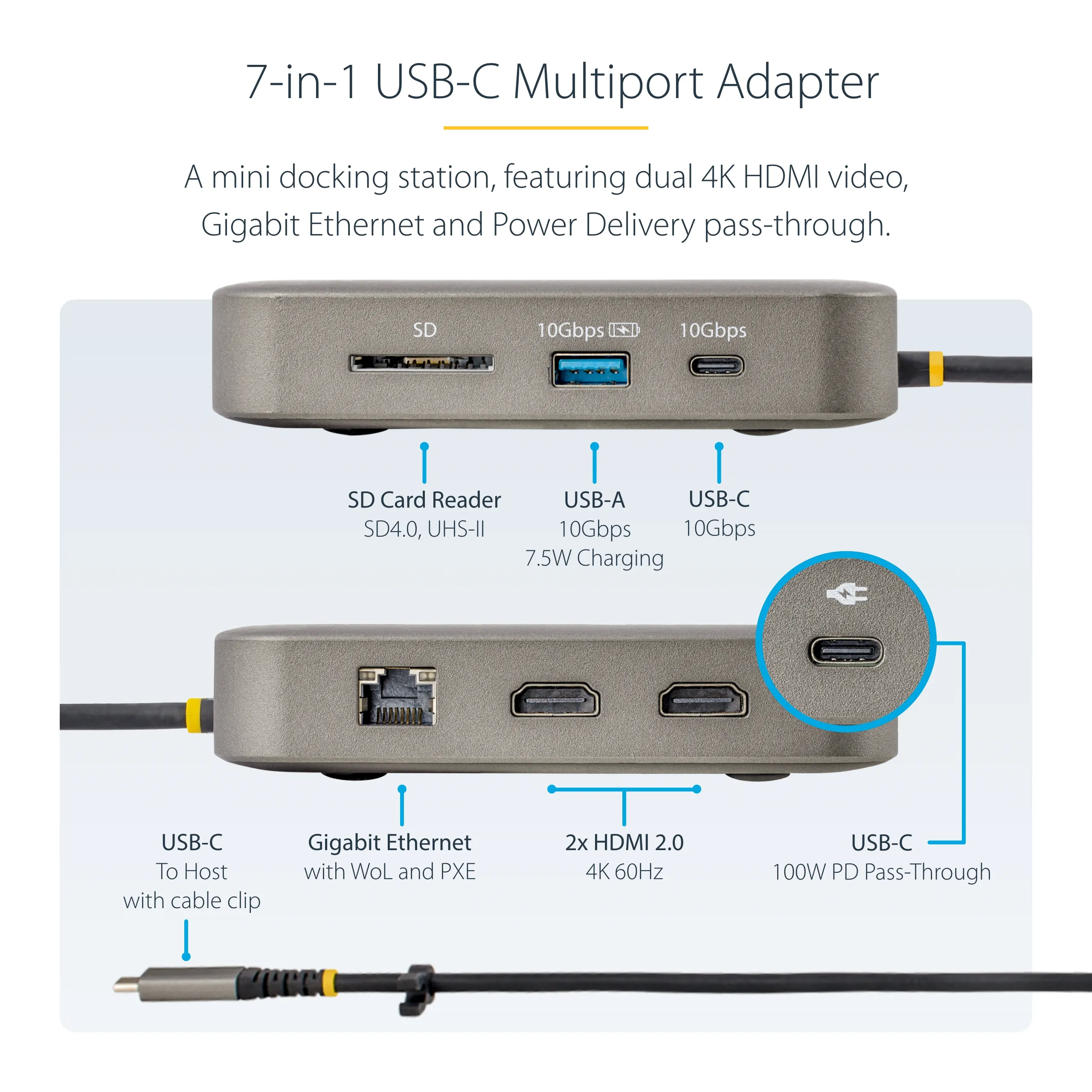 Startech Multiport USB-C 2x HDMI, USB-C/USB-A Hub 100W