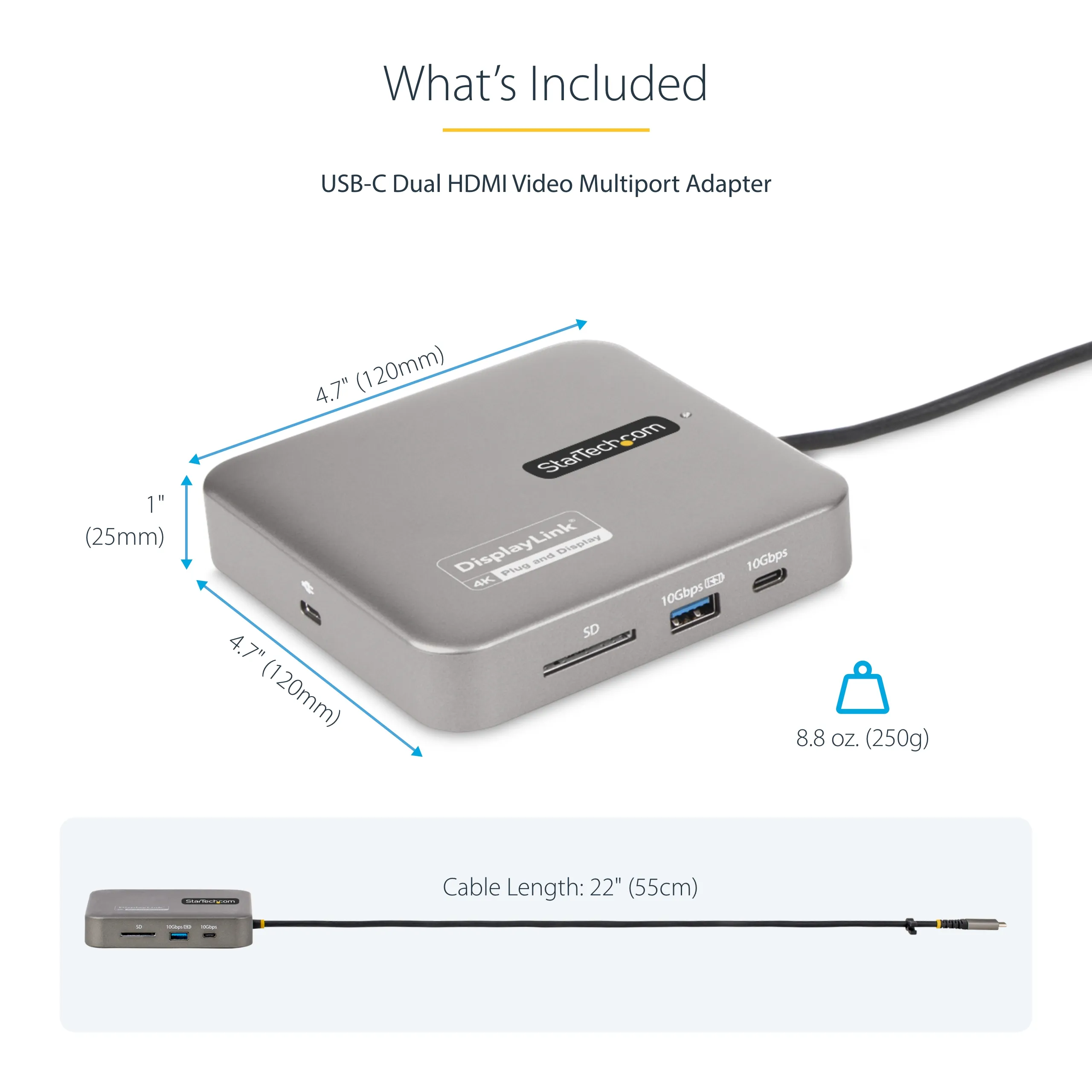Startech Multiport USB-C 2x HDMI, USB-C/USB-A Hub 100W