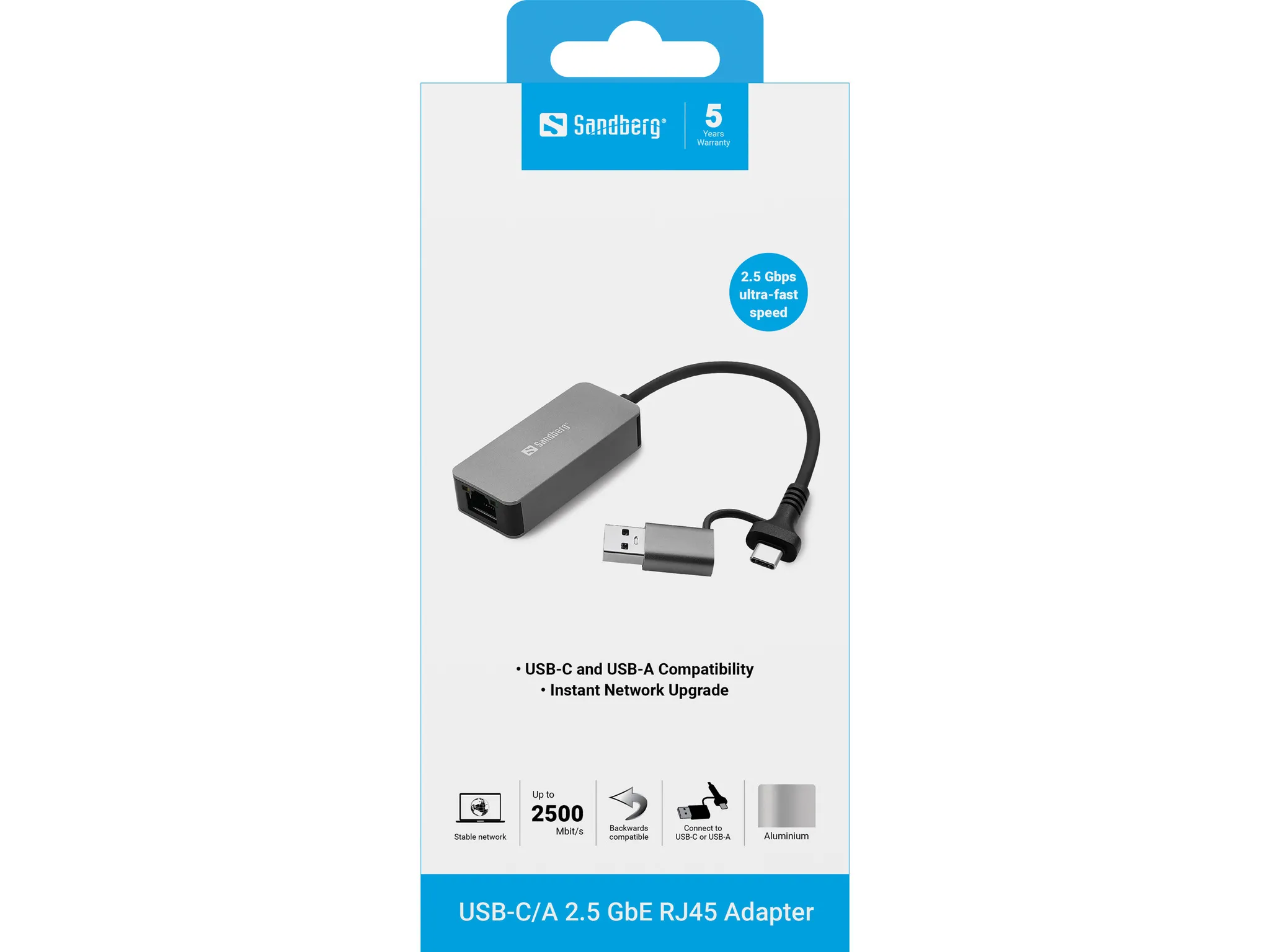 Sandberg USB Type-A / USB Type-C to 2.5 Gigabit Ethernet RJ45 - Ethernet Adapter, Grey