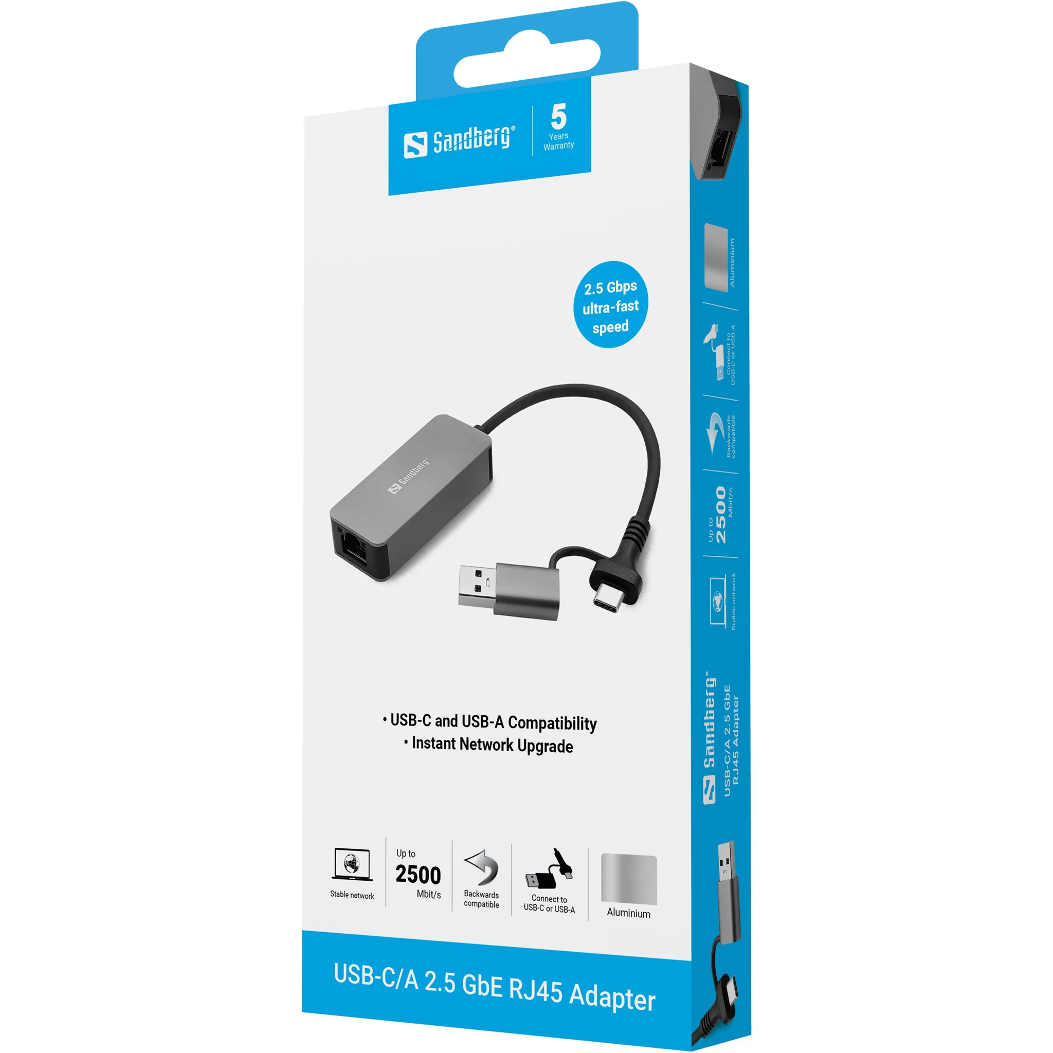 Sandberg USB Type-A / USB Type-C to 2.5 Gigabit Ethernet RJ45 - Ethernet Adapter, Grey