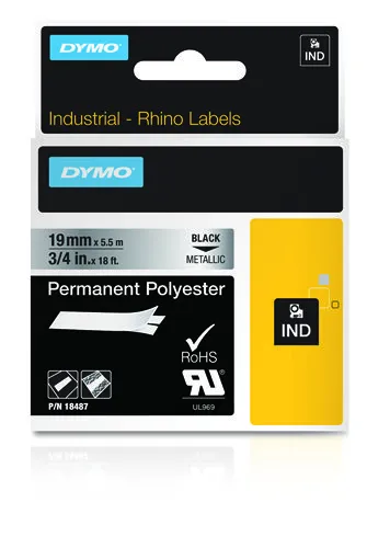 DYMO RhinoPRO m&auml;rktejp perm polyester 19mm, svart p&aring; metallic, 5,5m