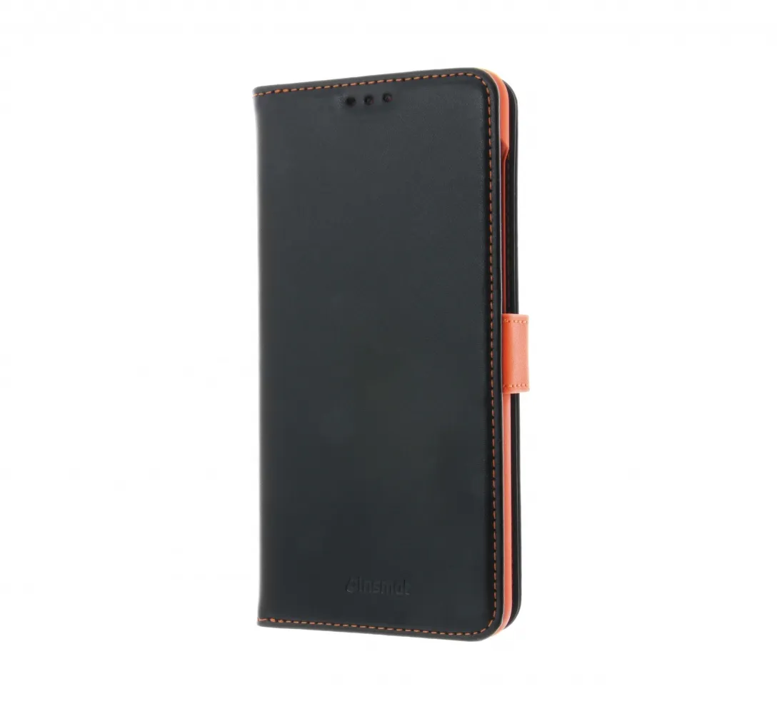 Insmat Flip Case, Galaxy A12 -lompakkokotelo, Musta/Oranssi