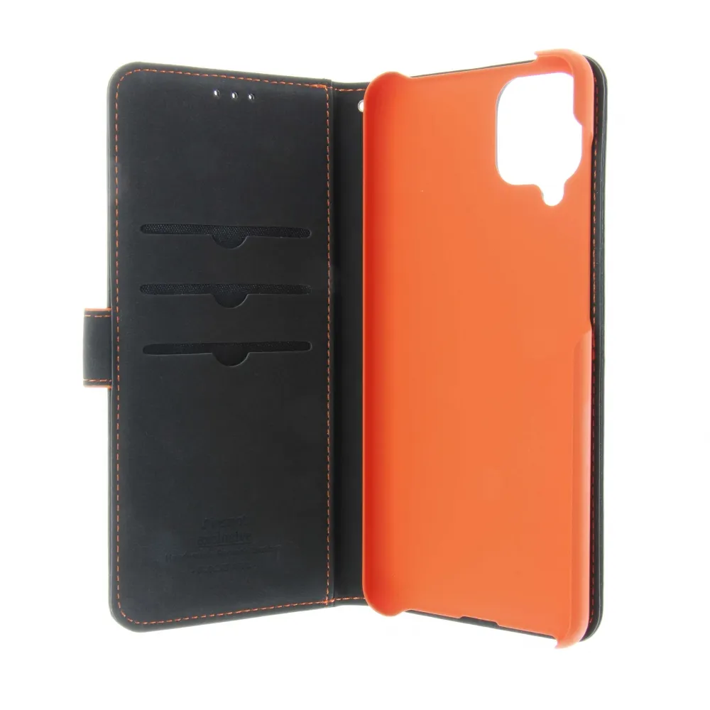 Insmat Flip Case, Galaxy A12 -lompakkokotelo, Musta/Oranssi