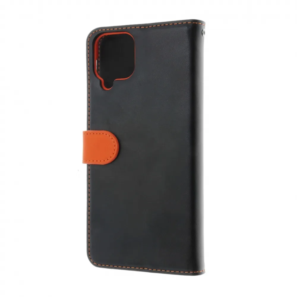 Insmat Flip Case, Galaxy A12 -lompakkokotelo, Musta/Oranssi