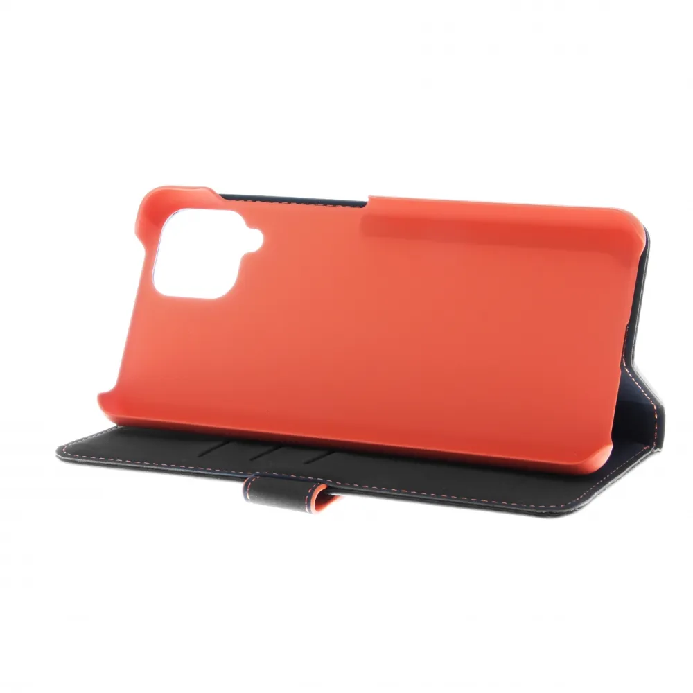 Insmat Flip Case, Galaxy A12 -lompakkokotelo, Musta/Oranssi