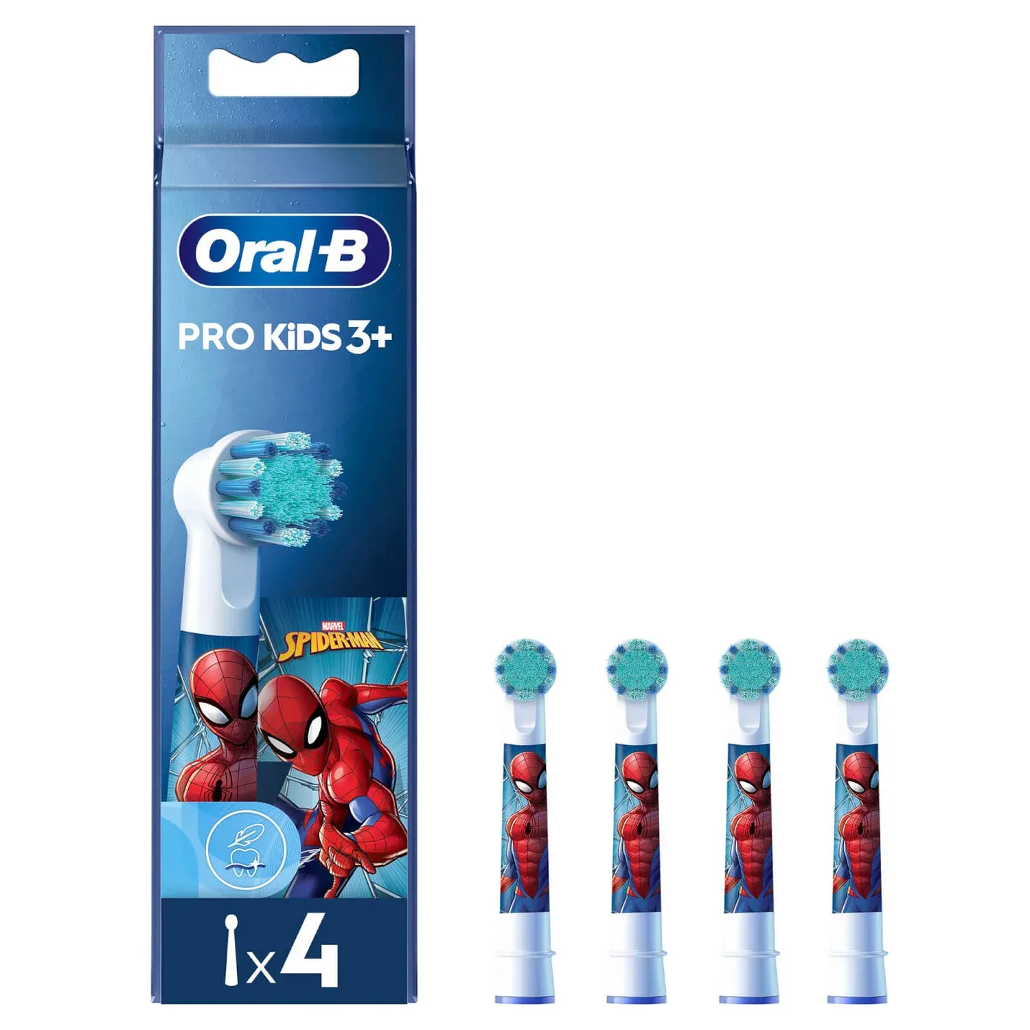 ORAL-B KIDS VAIHTOHARJA 4ct SPIDERMAN, paketissa 4kpl lasten vaihtoharjaa SPIDERMAN-TEEMALLA.