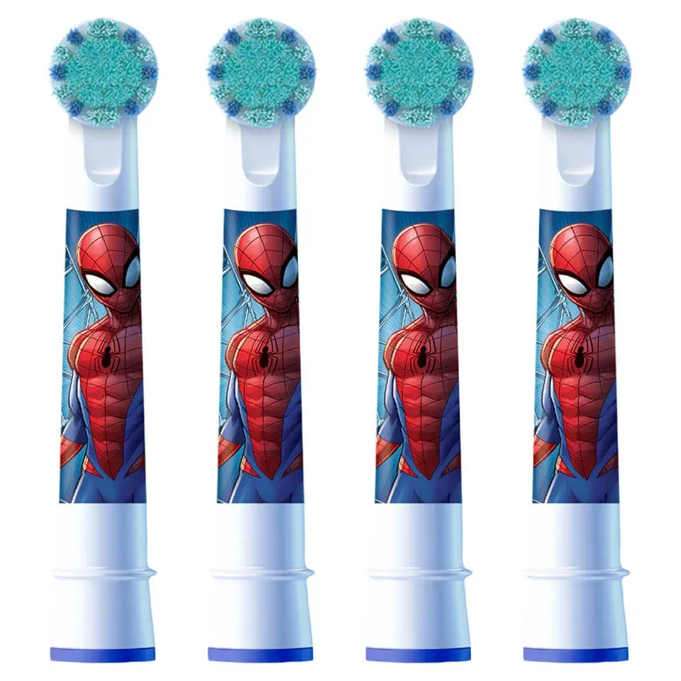 ORAL-B KIDS VAIHTOHARJA 4ct SPIDERMAN, paketissa 4kpl lasten vaihtoharjaa SPIDERMAN-TEEMALLA.