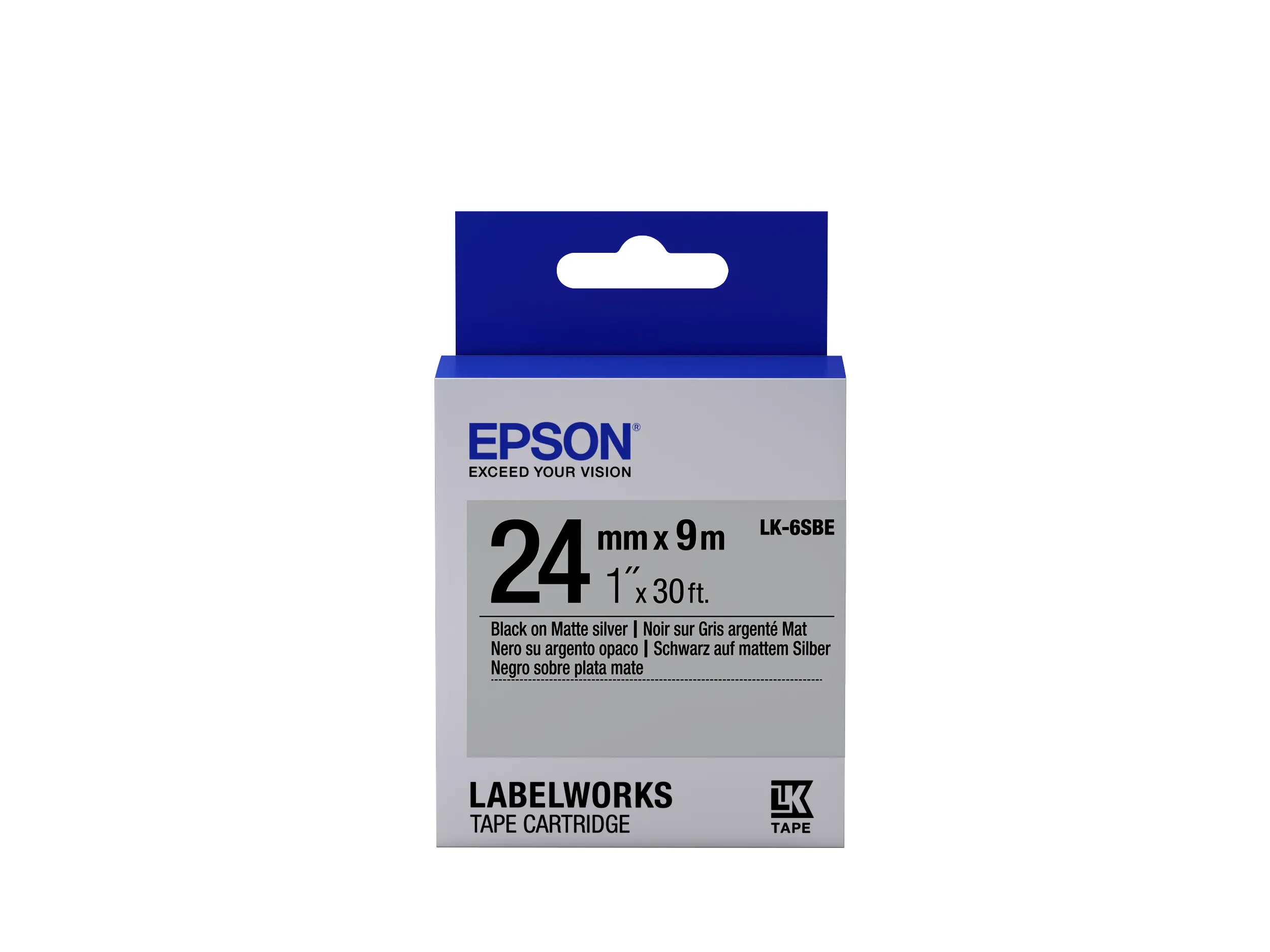 Epson LabelWorks LK-6SBE - Musta mattapintaisella hopealla - Rulla (2,4 cm x 9 m) 1 rulla (rullat) etikettiteippi malleihin LabelWorks LW-1000P, LW-600P, LW-700