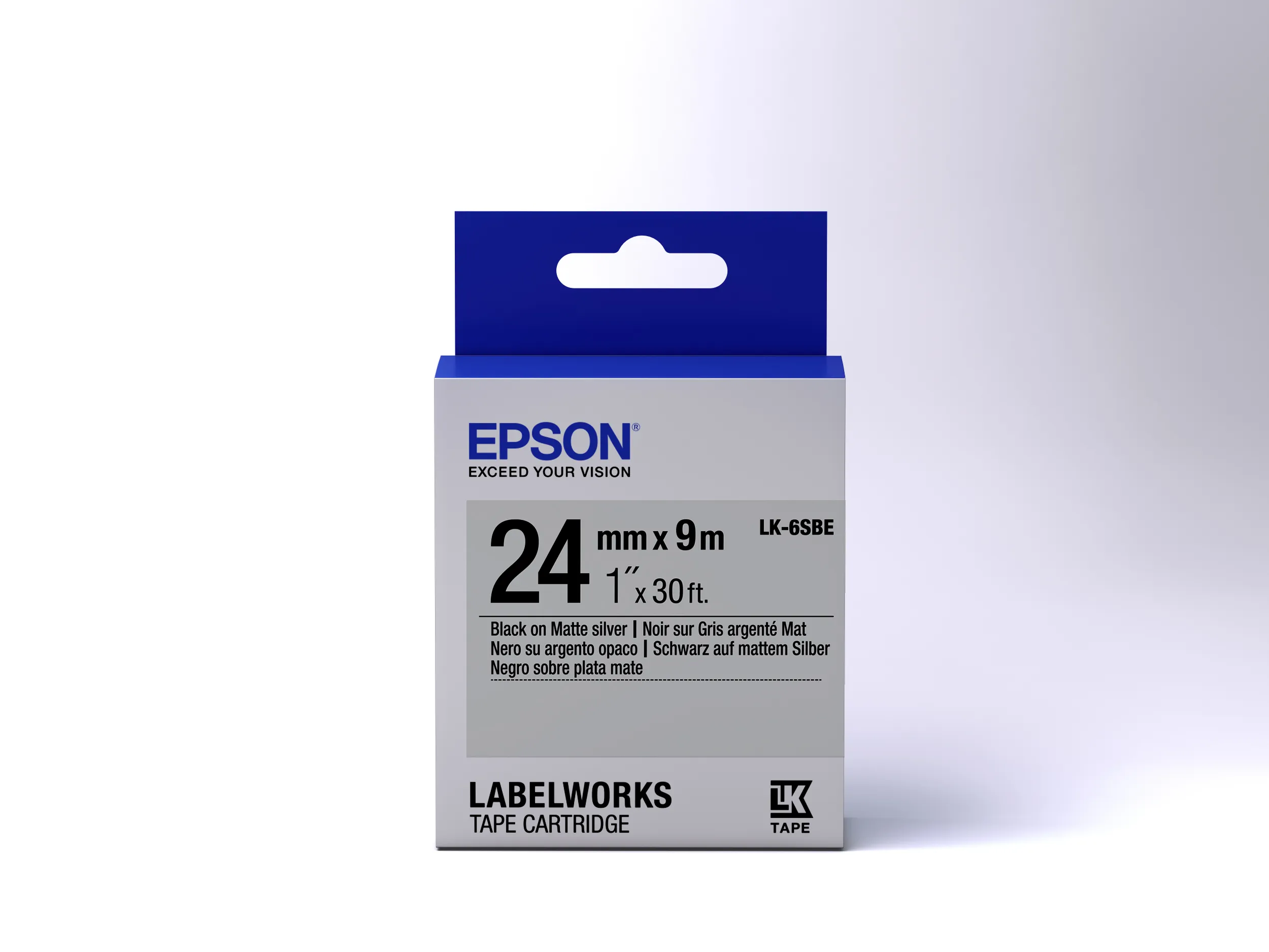 Epson LabelWorks LK-6SBE - Musta mattapintaisella hopealla - Rulla (2,4 cm x 9 m) 1 rulla (rullat) etikettiteippi malleihin LabelWorks LW-1000P, LW-600P, LW-700