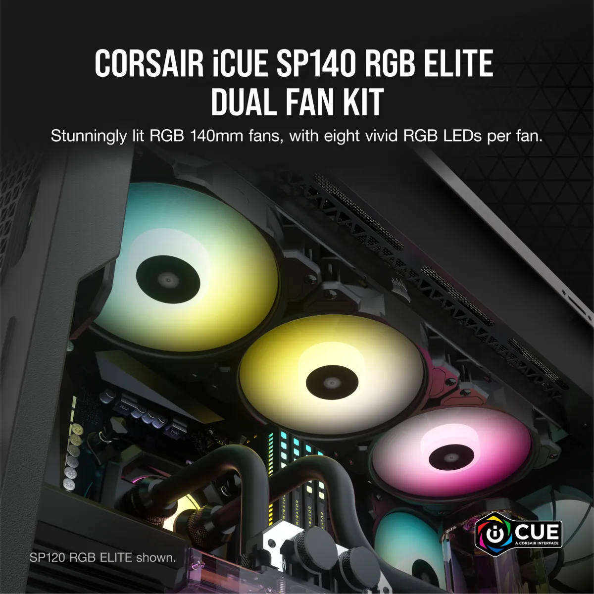 Corsair iCUE SP140 RGB ELITE, 140mm, PWM, Hydraulic Bearing, RGB Fan Kit, 2-pack, Black