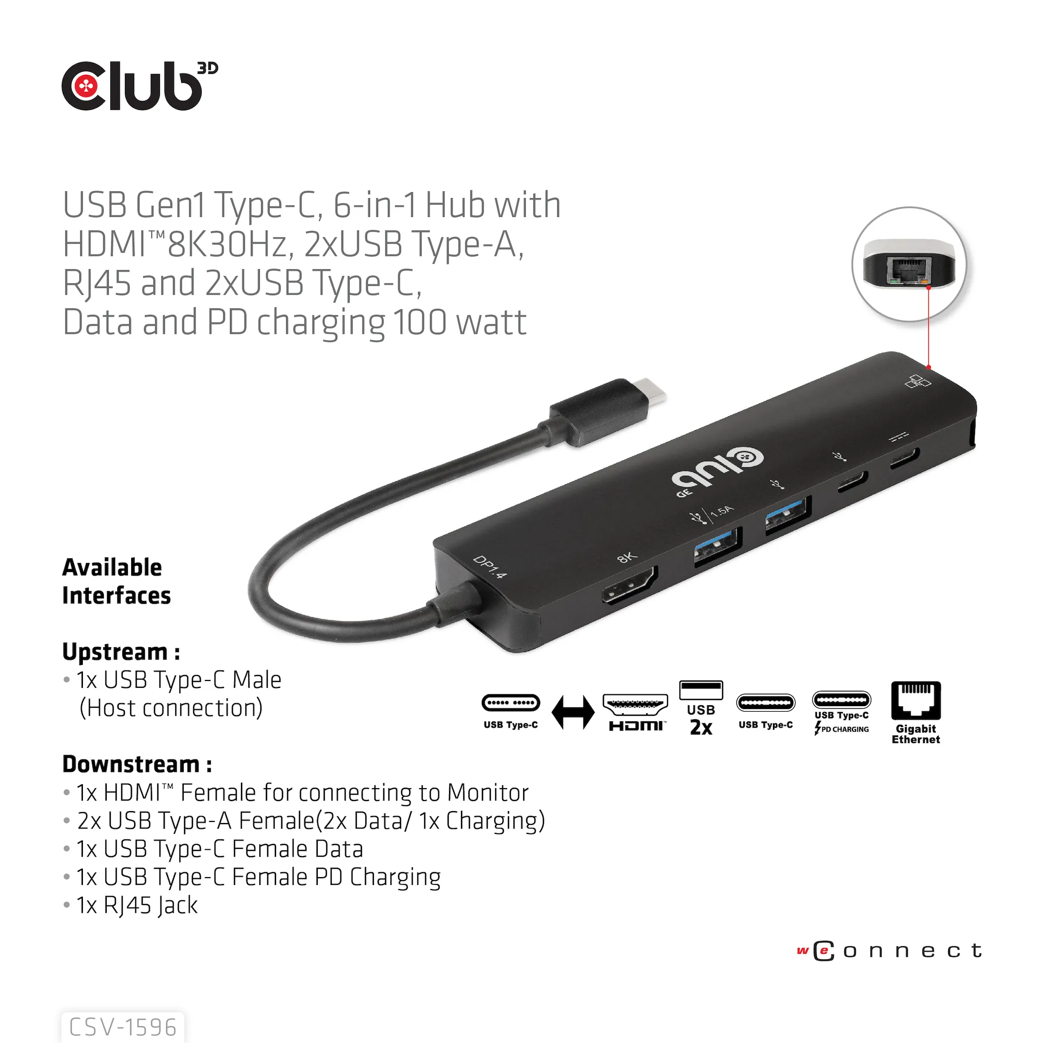 Club 3D 3.1 Gen1 USB-C 6-in-1 - hub, Black