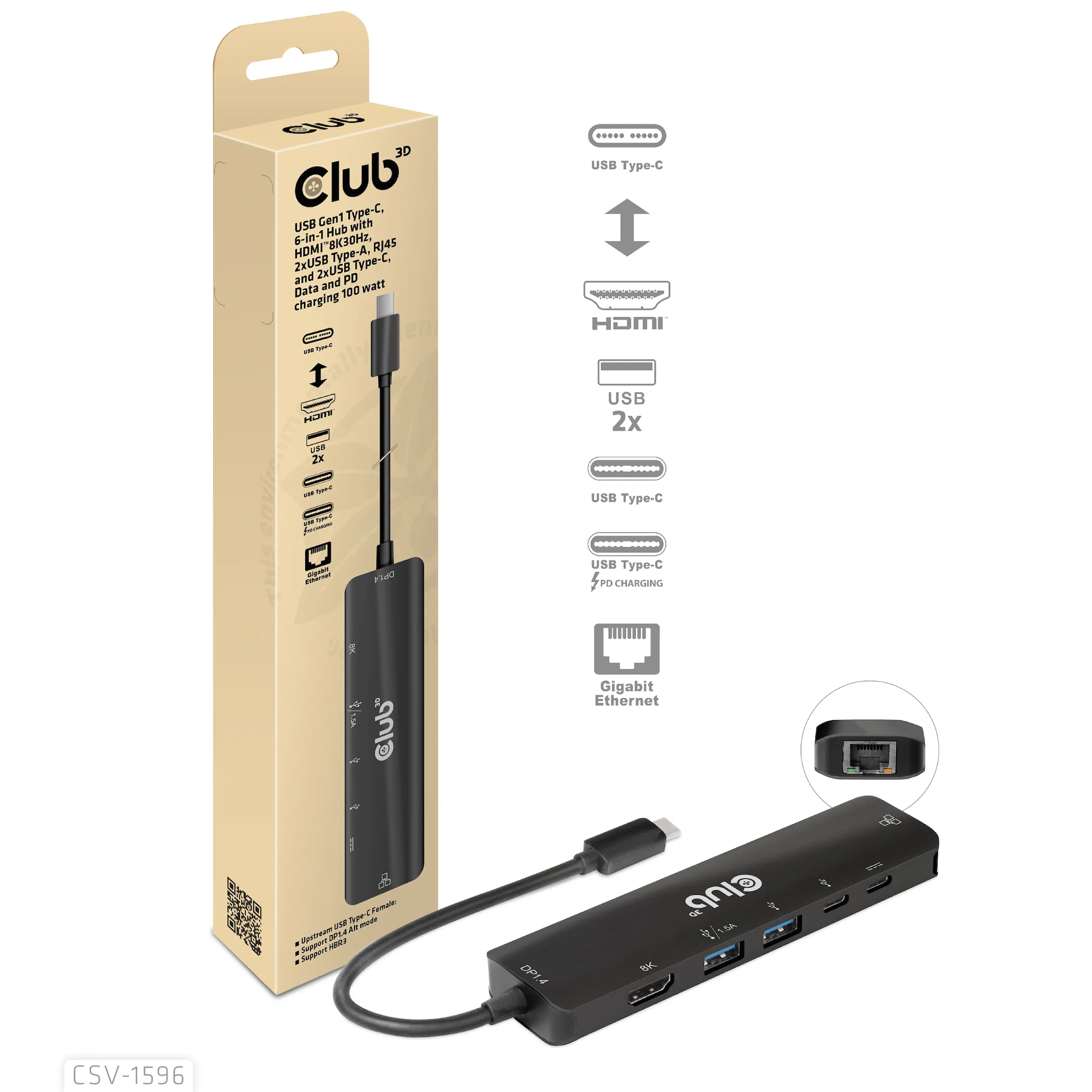 Club 3D 3.1 Gen1 USB-C 6-in-1 - hub, Black