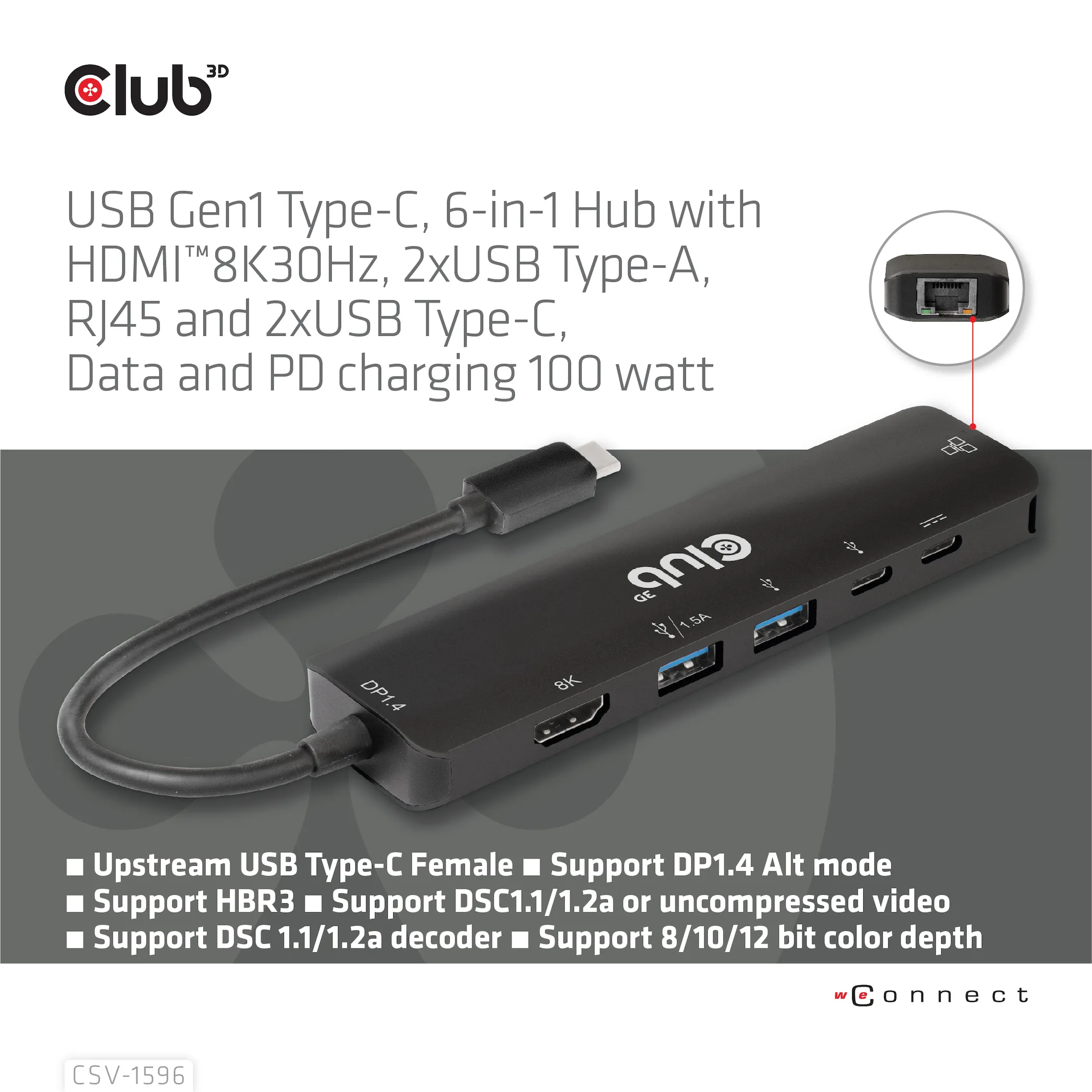 Club 3D 3.1 Gen1 USB-C 6-in-1 - hub, Black