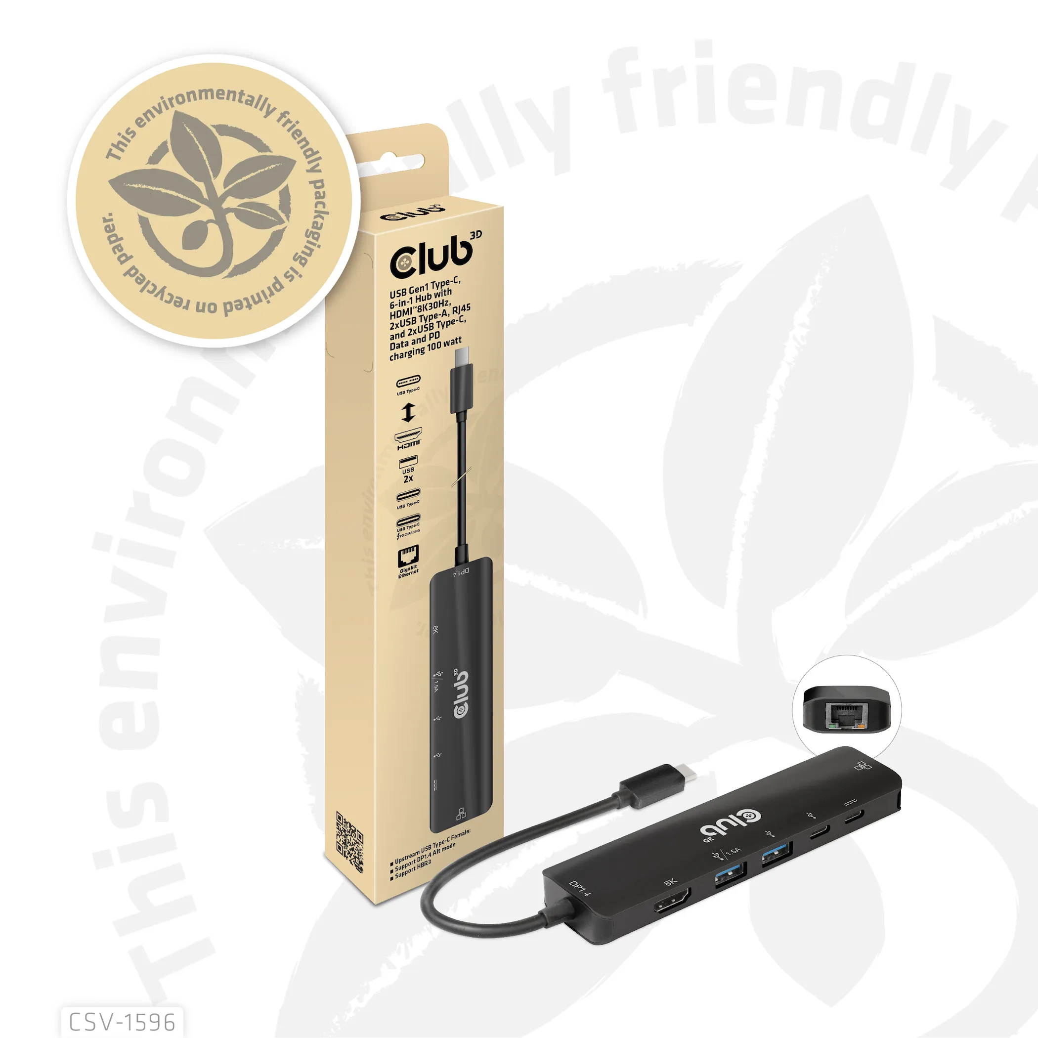 Club 3D 3.1 Gen1 USB-C 6-in-1 - hub, Black
