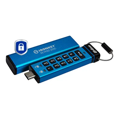Kingston IronKey Keypad 200C, AES-256 64GB USB-C 3.2 Gen 1x1 - memory stick, Blue