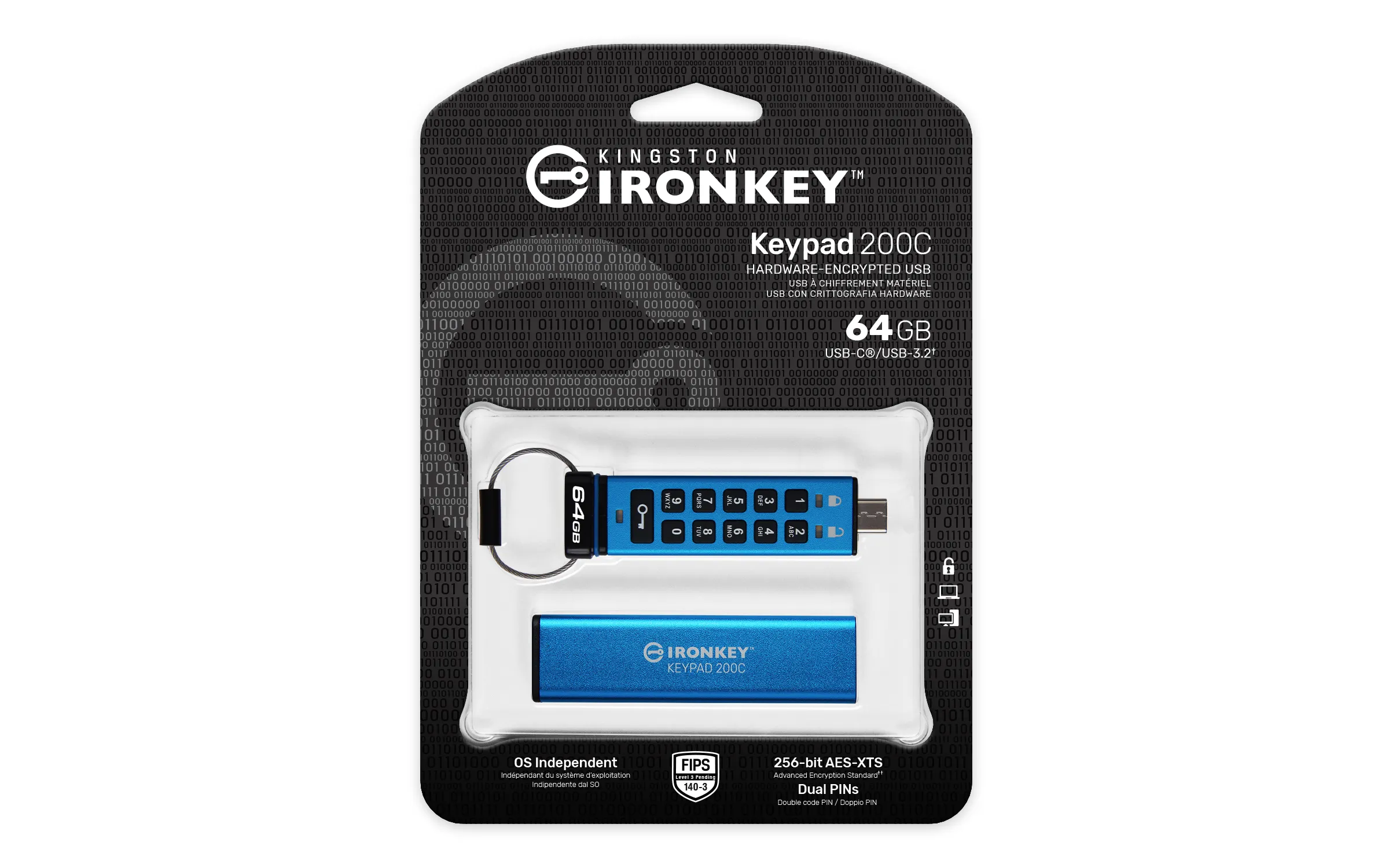 Kingston IronKey Keypad 200C, AES-256 64GB USB-C 3.2 Gen 1x1 - memory stick, Blue