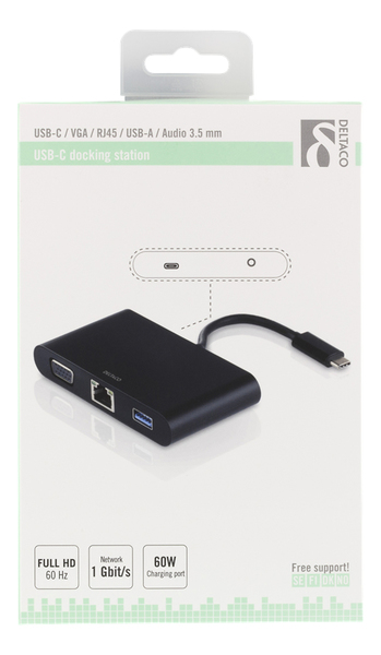DELTACO USB-C dockningsstation, VGA/RJ45/1xUSB A/USB-C PD/3,5mm, svart