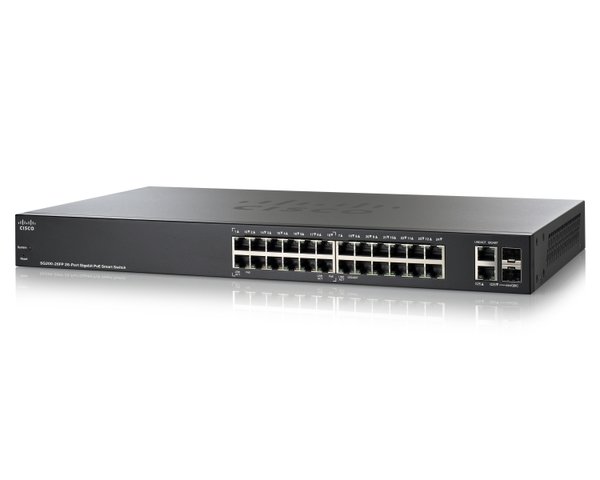 Cisco Small Business Smart SG200-26FP - Kytkin - Hallinnoitu - 24 x 10/100/1000 (PoE) + 2 x combo Gigabit SFP - ty&ouml;p&ouml;yt&auml;, r&auml;kkiin asennettava - PoE (180 W)