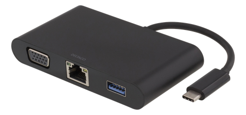 DELTACO USB-C dockningsstation, VGA/RJ45/1xUSB A/USB-C PD/3,5mm, svart