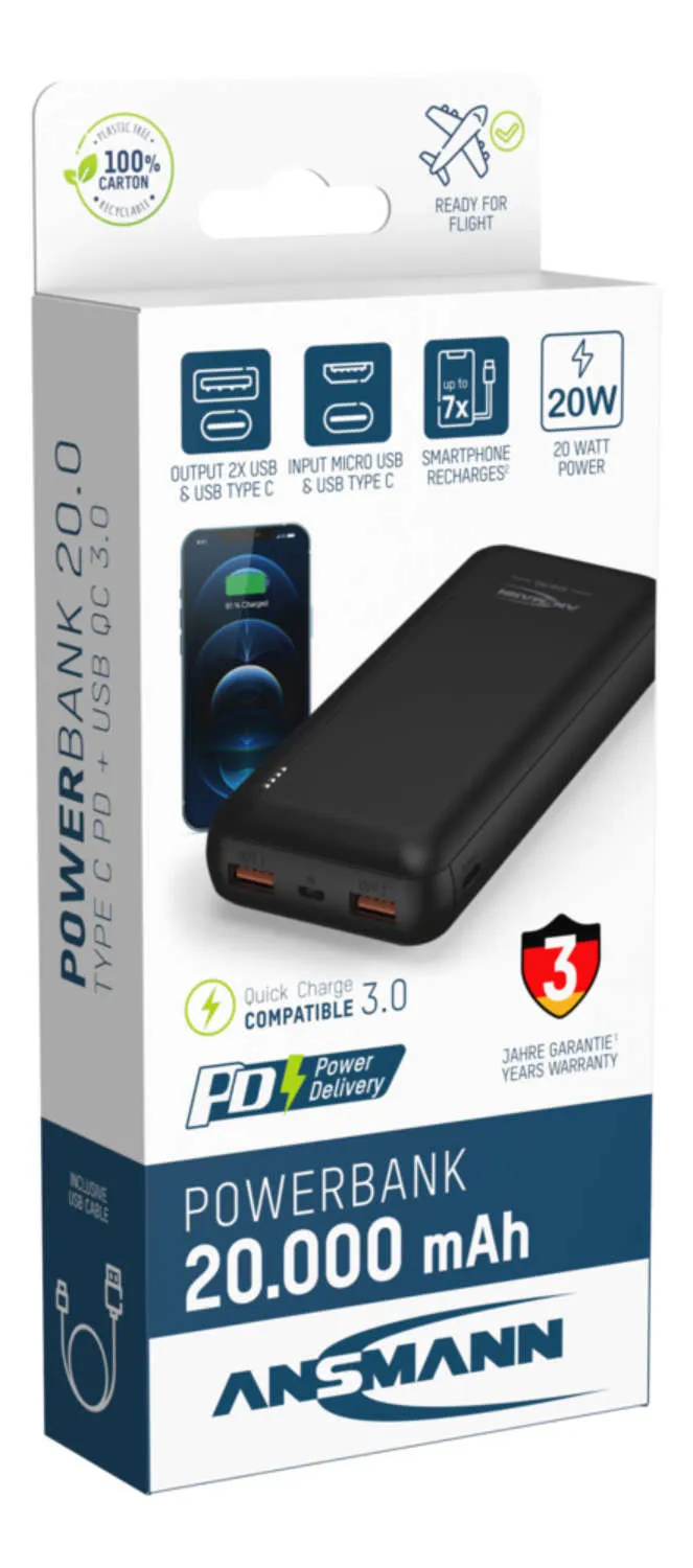 Ansmann PB320PD 20000 mAh, 20W - powerbank, Black