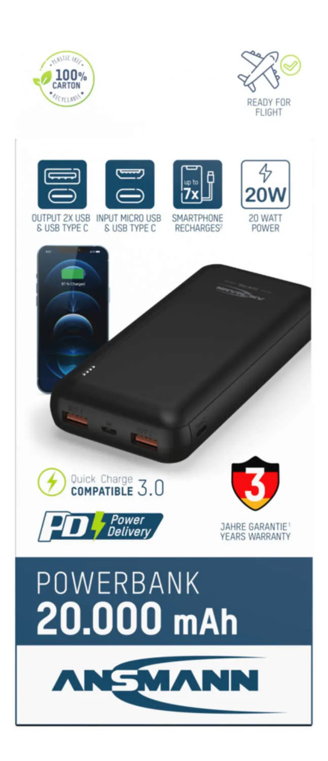 Ansmann PB320PD 20000 mAh, 20W - powerbank, Black