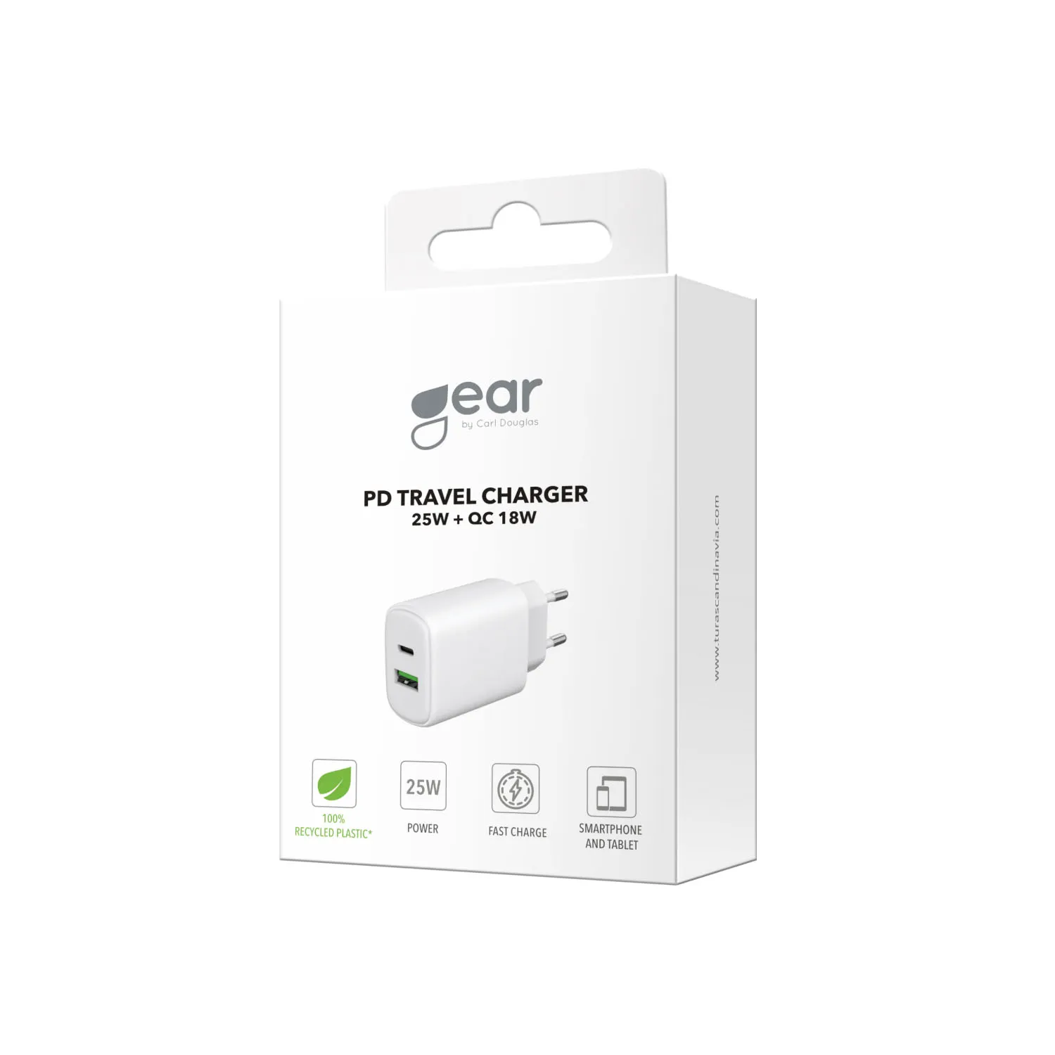 GEAR Laddare 220V 1xUSB-C + 1xUSB-A PD/PPS 25W + 18W QC Vit