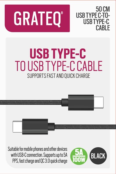 Grateq USB-C - USB-C Quick 100W - kabel, 0.5m, Svart