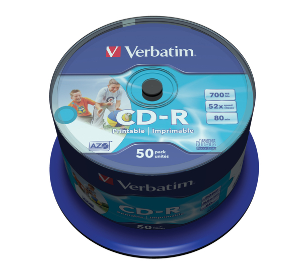 VERBATIM CD-R LEVY 50kpl 700 MB AZO, CD-R, 52X, Printable, ID Brand  50 pk spindel, retail -