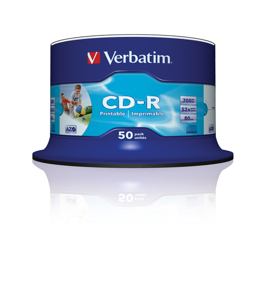 VERBATIM CD-R LEVY 50kpl 700 MB AZO, CD-R, 52X, Printable, ID Brand  50 pk spindel, retail -