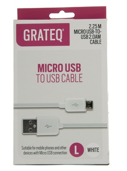 Grateq USB-A - Micro-USB -kaapeli, 2.25m, Valkoinen