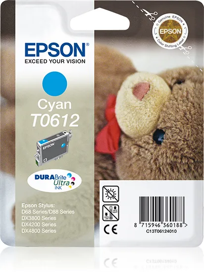 Epson T0612 - Kasetti tulostimelle - 1 x pigmentoitu sinivihre&auml; - 250 sivua - blister RF:ll&auml;/&auml;&auml;nih&auml;lyttimell&auml; malleihin Stylus D68, D88, DX3800, DX3850, DX4200,