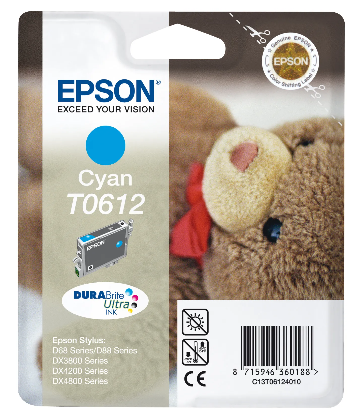 Epson T0612 - Kasetti tulostimelle - 1 x pigmentoitu sinivihre&auml; - 250 sivua - blister RF:ll&auml;/&auml;&auml;nih&auml;lyttimell&auml; malleihin Stylus D68, D88, DX3800, DX3850, DX4200,