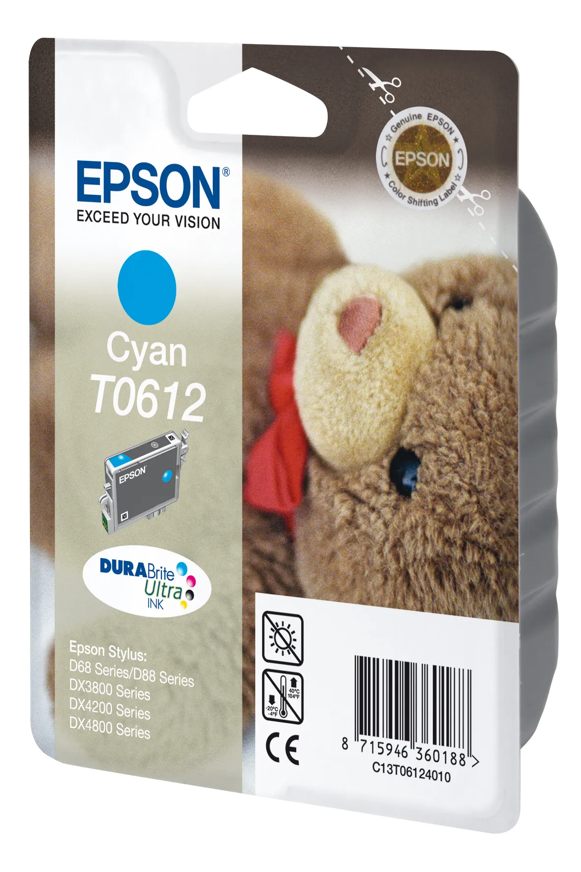 Epson T0612 - Kasetti tulostimelle - 1 x pigmentoitu sinivihre&auml; - 250 sivua - blister RF:ll&auml;/&auml;&auml;nih&auml;lyttimell&auml; malleihin Stylus D68, D88, DX3800, DX3850, DX4200,