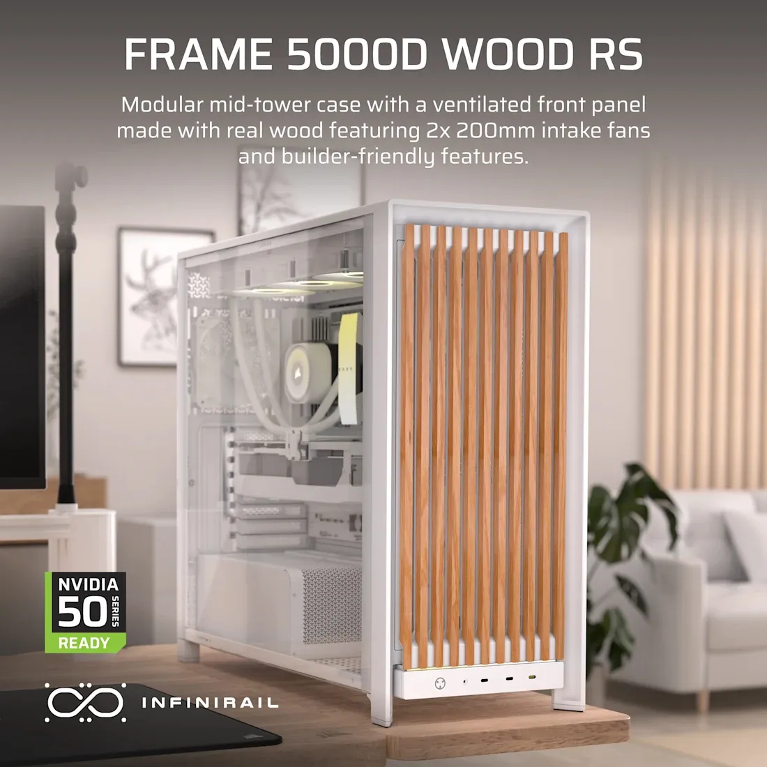 CORSAIR FRAME 5000D Wood RS Midi-Tower Case with window and RGB lighting, White, Walnut