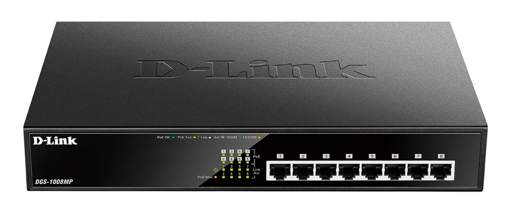D-Link PoE nätverksswitch, 8-ports, 10/100/1000Mbps, metalhölje, grå