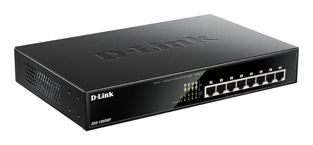 D-Link PoE nätverksswitch, 8-ports, 10/100/1000Mbps, metalhölje, grå