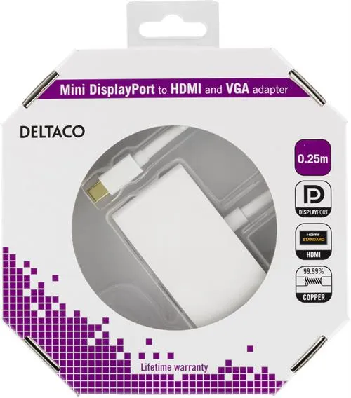 Deltaco  mini DisplayPort &ndash; HDMI +VGA - adapter, Vit