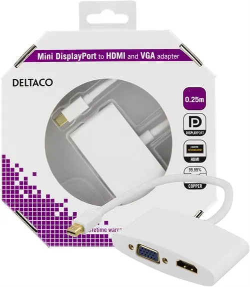 Deltaco  mini DisplayPort &ndash; HDMI +VGA - adapter, Vit