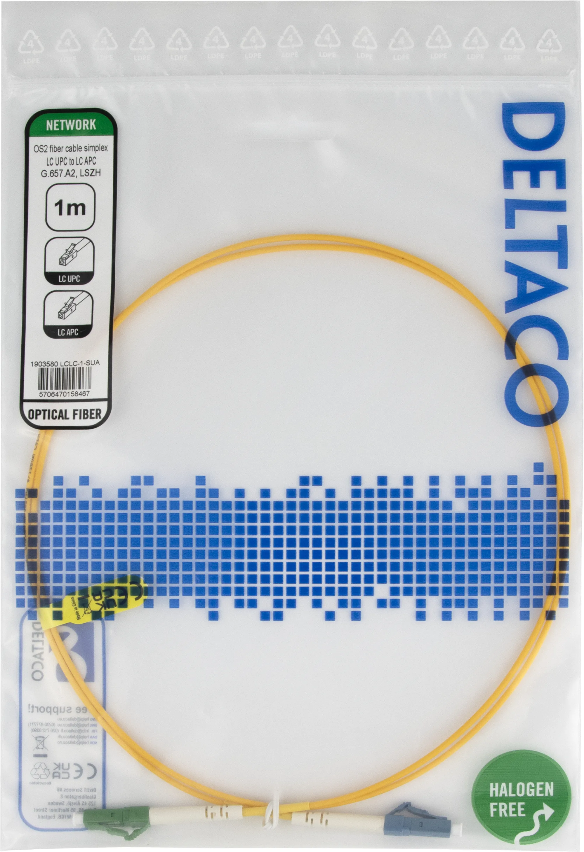 Deltaco OS2 LC-LC 1m fiberkabel, gul