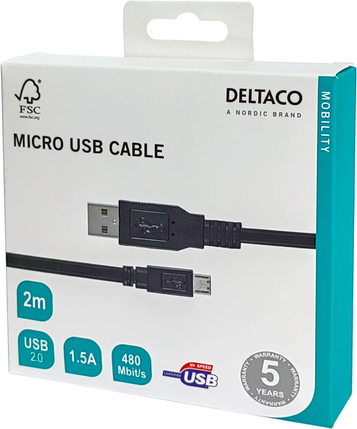 Deltaco USB-A - Micro-USB B - cable, 2 m, Black