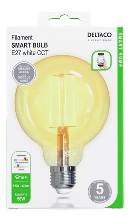 DELTACO SMART HOME LED filament lamp, E27, WiFI 2.4GHz, 5.5W, 470lm, dimmable, 220-240V, white