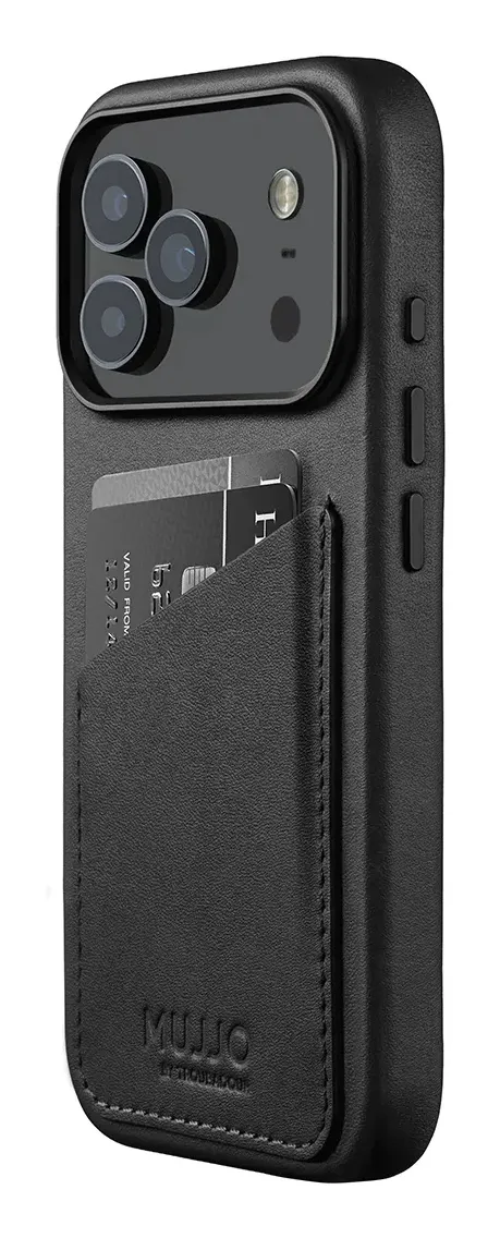 MUJJO Velore Leather MagSafe, iPhone 17 Pro -lompakkokotelo, musta