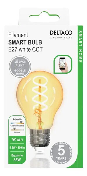 DELTACO SMART HOME FILAMENT LED-lampa, E27, WiFI, 5.5W, 1800K-6500K