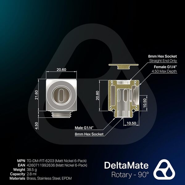 Thermal Grizzly DeltaMate Rotary, 90&deg; Rotary Fitting, Matt Nickel