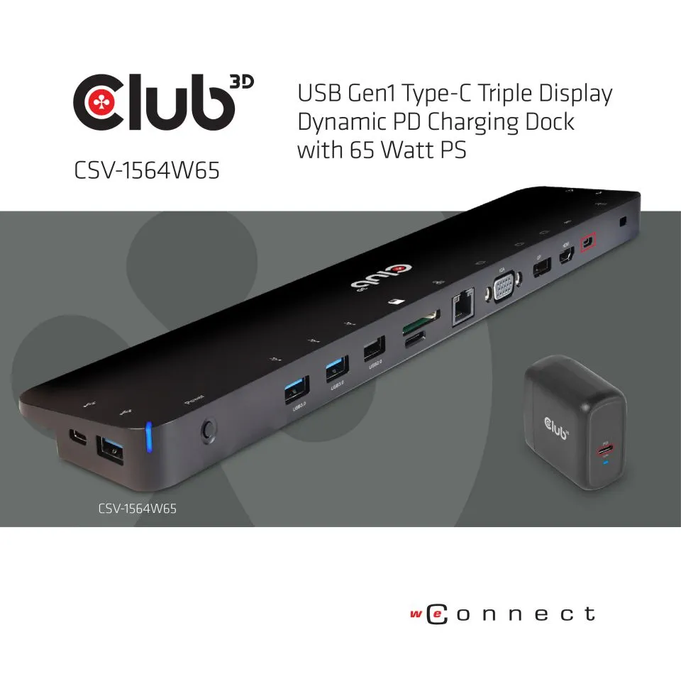 Club 3D 3.2 Gen1 USB-C 14-in-1 -telakka ja 65W virta -adapteri, Musta