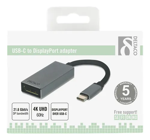 Deltaco USB-C – DisplayPort - adapter, Black/Silver