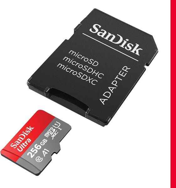 SanDisk 256GB MicroSDXC UHS-I Class 10 U1 V10 A1 card with SD adapter, Grey, Red