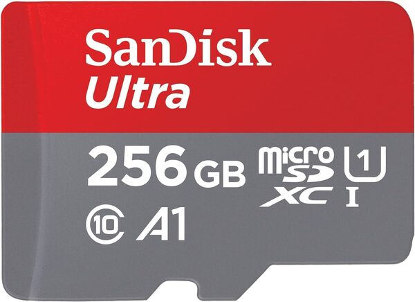 SanDisk 256GB MicroSDXC UHS-I Class 10 U1 V10 A1 card with SD adapter, Grey, Red