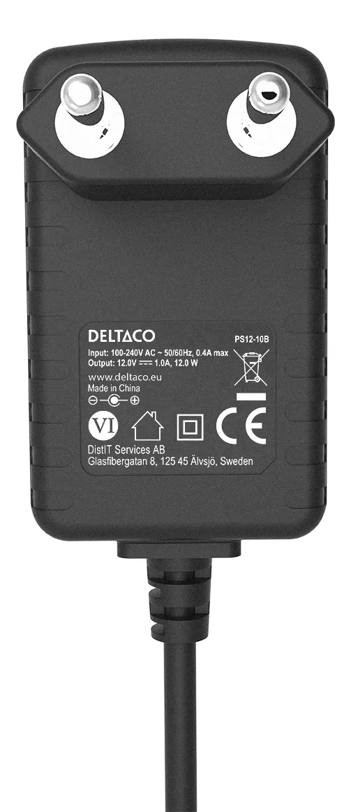 DELTACO power supply, 100-240 V to 12V 1A, black